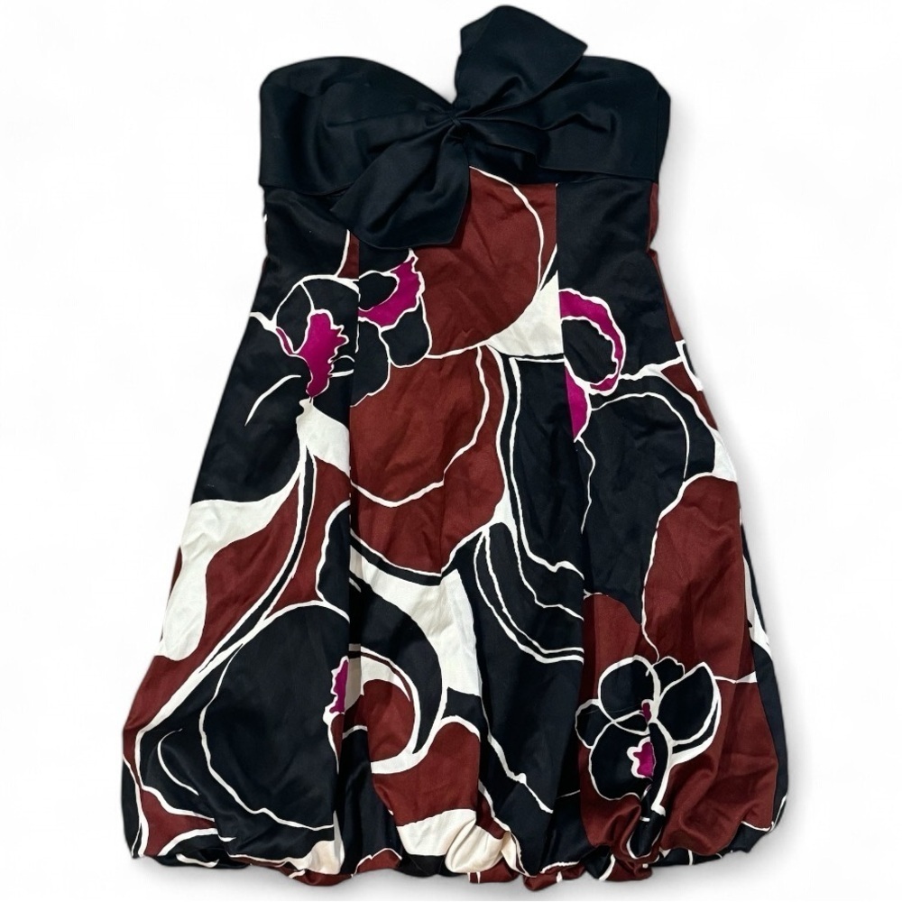 TRINA TURK Silk Strapless Mini Dress Bow Bubble Brown Black Size 8 Party Event